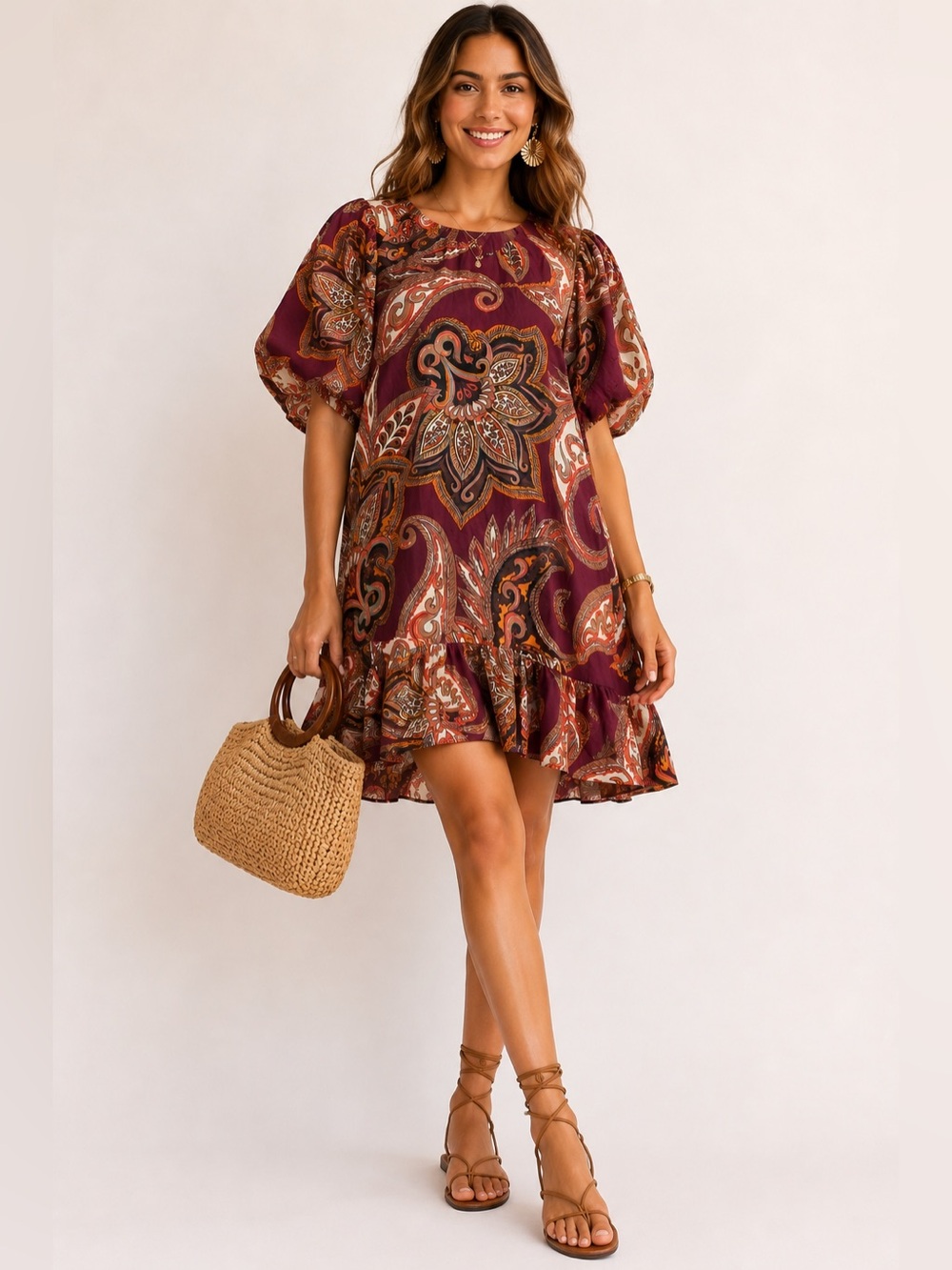 FARM Rio Paisley Floral Print Mini Dress Burgundy Puff Sleeve Size Large